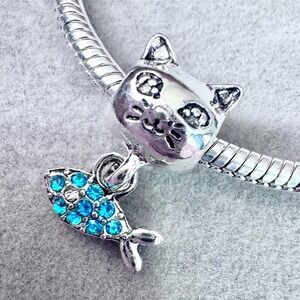 Silver Cat‎ Blue Fish Dangle Charm fits PANDORA
